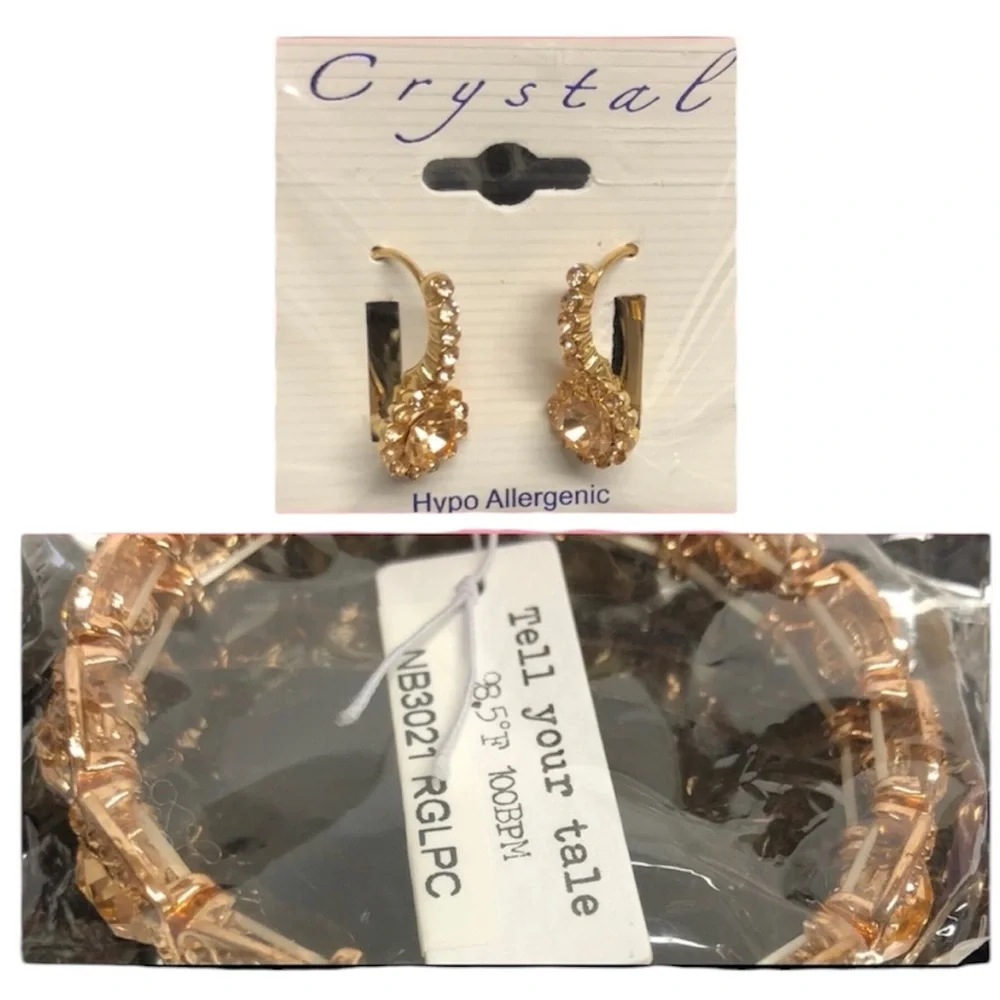 Earrings & Bracelet Set Rose Gold Tone Rhinestone Jewelry Gift Hypo‎ allergenic